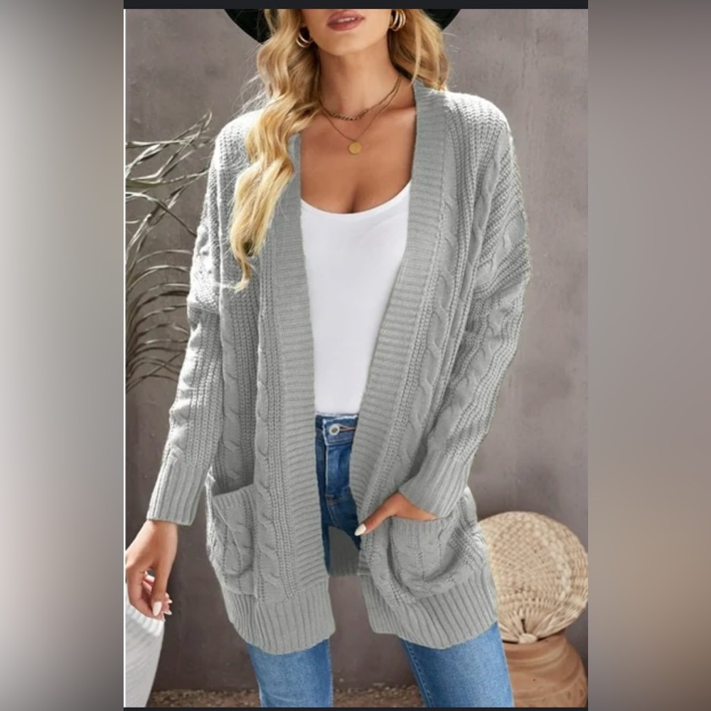 NWT TECREW Women's  Grey Open Front Cable Knit LS  W/ Pockets Cardigan Size XL